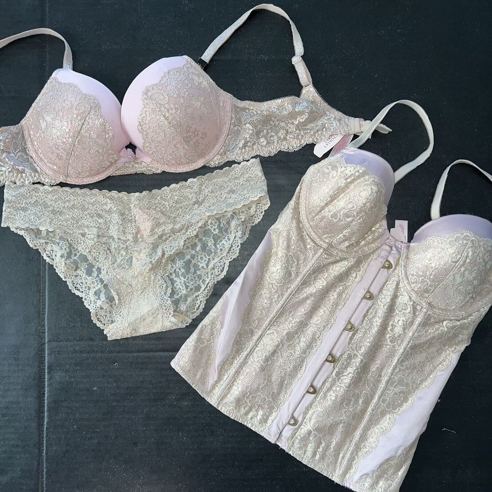 Victoria's Secret 34C BRA SET+garter+CORSET bustier+S panty PINK GOLD foil lace